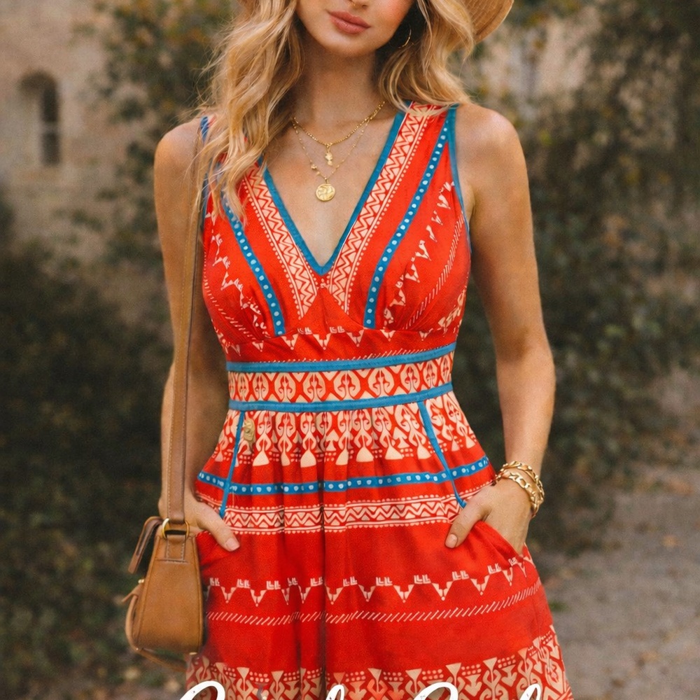 Anthropologie Red/orange Midi Dress with Blue Trims